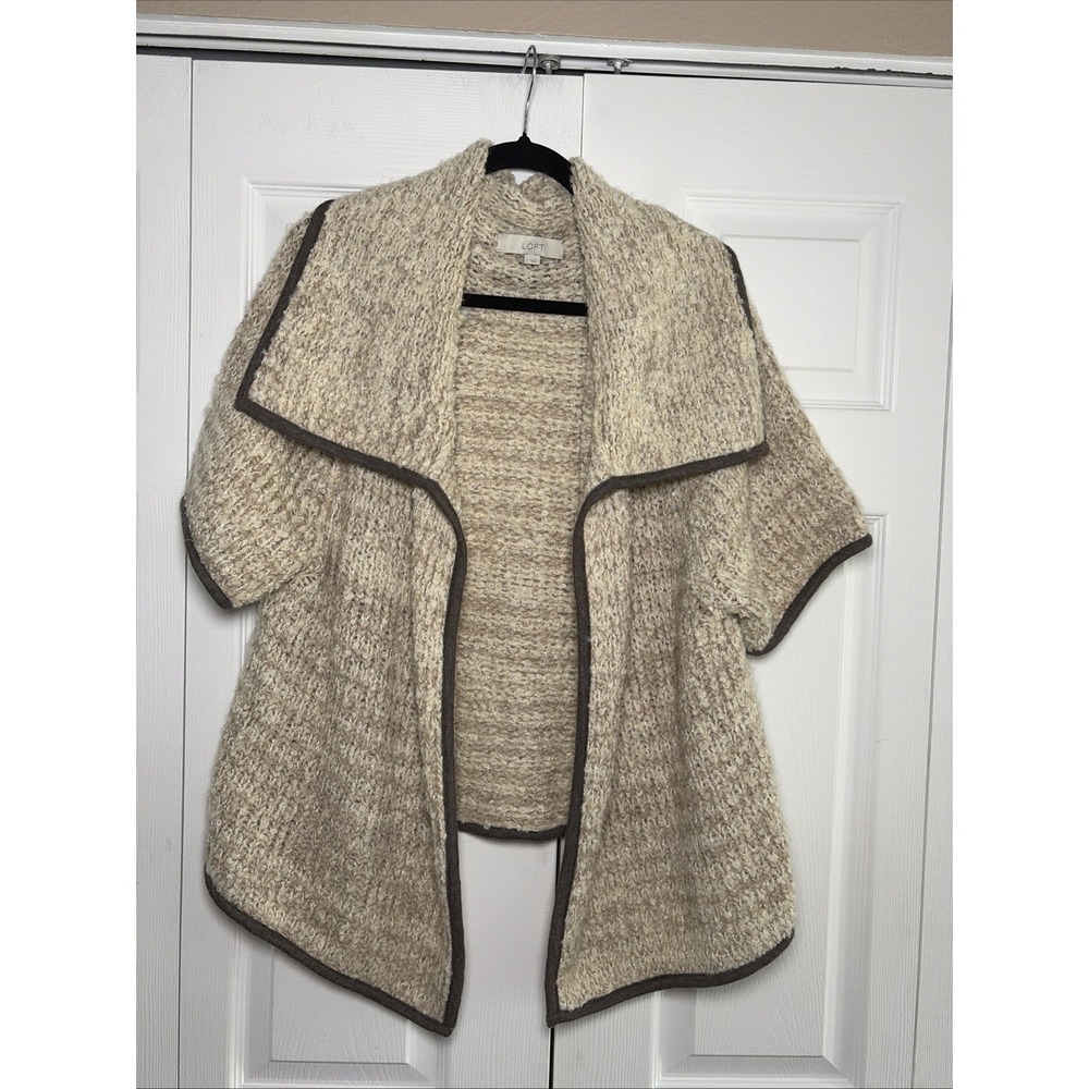 Loft Bouclé Wool Mohair Alpaca Open Cardigan Womens Sz L Cream Beige Chunky Knit